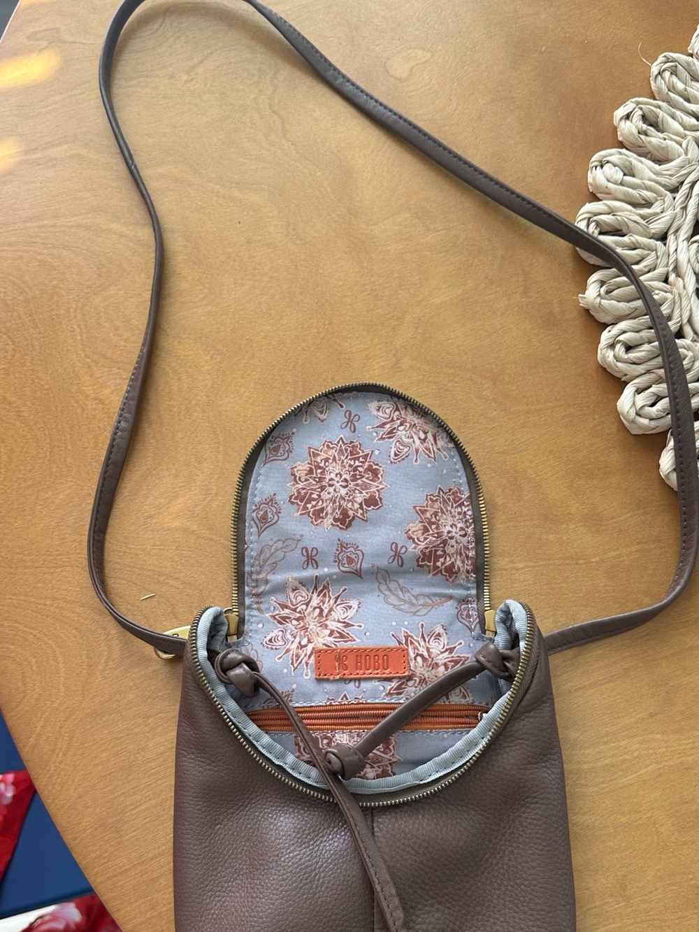 HOBO Taupe Brown Leather Crossbody with Floral Lining